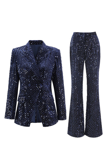 Sparkly Peaked Lapel 2-Piece Navy Prom Suits